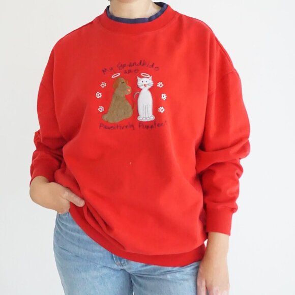 Vintage Red Grandmacore Embroidered Dog And Cat Crewneck Sweater XL - Picture 1 of 11